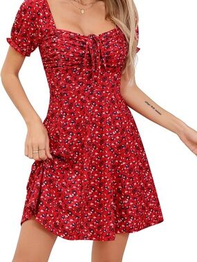 Missufe Women's Fit & Flare Casual Drawstring
Red Floral Mini SunDress size XL.